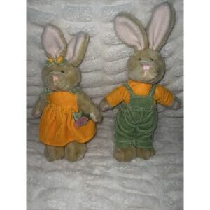 Wondertreats 2 Bunny Rabbits Vintage Boy & Girl Easter Plush Velvet Outfits 13"